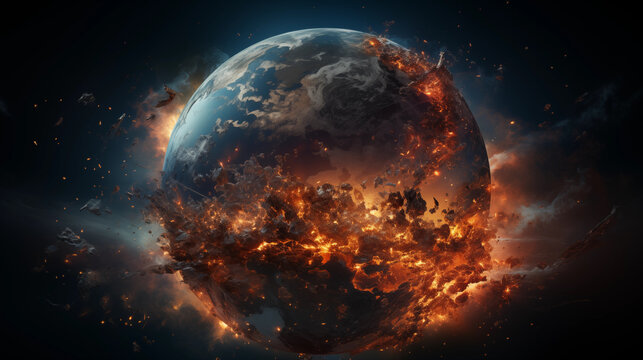 The globe is on fire, global catastrophe, explosion of the earth, end of the world. Generative AI.
