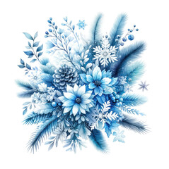 A winter floral bouquet in blue tones. Generative ai.