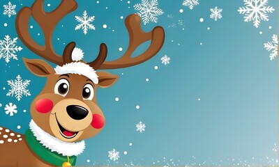 A cute reindeer on blue background with snowflakes. Christmas or New Year greeting card, banner, background., poster