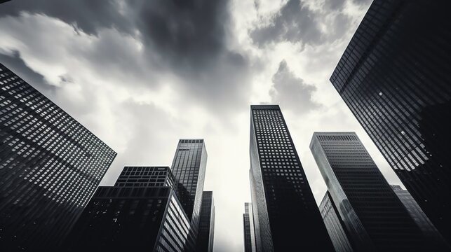 A black and white image of office buildings rising majestically against a cloudy sky, emphasizing their monumental presence