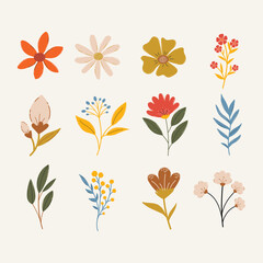 Fototapeta na wymiar Clipart of wildflowers on light background. Abstract set of branches with flowers and leaves. Plants for decoration. Meadow flowers vector. Summer floral collection.