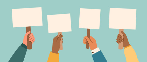 Set of human hands holding nameplates isolated on blue background. Blank banner, blank board, copy space.