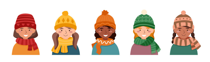 Set of girls in warm hats isolated on a white background.