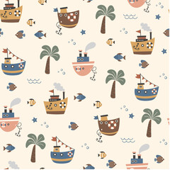 Marine seamless pattern with a cute boats. Childish illustration. Sea seamless pattern. Little ships, colorful fishes and palm trees on a light background.