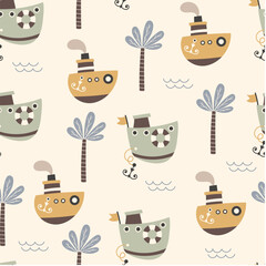 Marine seamless pattern with a cute boats. Childish illustration. Sea seamless pattern. Little ships and palm trees on a light background. Nautical pattern for kids fabric, textile