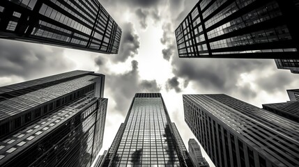 A black and white image of office buildings rising majestically against a cloudy sky, emphasizing their monumental presence