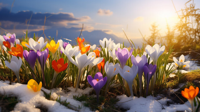 Early spring crocuses emerge through snow, bathed in warm sunlight. These vibrant purple and white flowers symbolize rebirth and new beginnings.