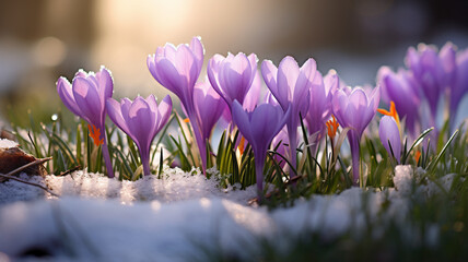Early spring crocuses emerge through snow, bathed in warm sunlight. These vibrant purple and white...