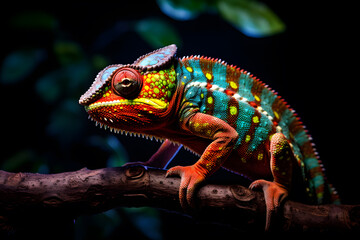 Obraz premium Close up of Colorful chameleon on a branch isolated in the dark background, Beautiful animal in nature, Hyperrealistic 