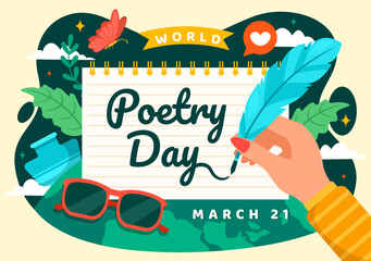 World Poetry Day Vector Illustration on March 21 with a Quill, Ink, Paper, Typewriter and Book to Writing in Literature Flat Cartoon Background