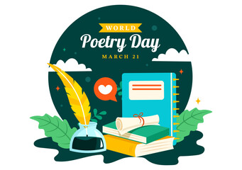 World Poetry Day Vector Illustration on March 21 with a Quill, Ink, Paper, Typewriter and Book to Writing in Literature Flat Cartoon Background - obrazy, fototapety, plakaty