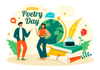 World Poetry Day Vector Illustration on March 21 with a Quill, Ink, Paper, Typewriter and Book to Writing in Literature Flat Cartoon Background