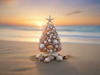 Small seashell christmas tree on the beach with sunset background and copy space - obrazy, fototapety, plakaty
