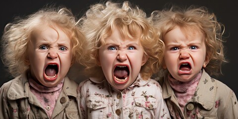 Triplets, baby girls toddler misbehaving and Got scolded and cried - obrazy, fototapety, plakaty