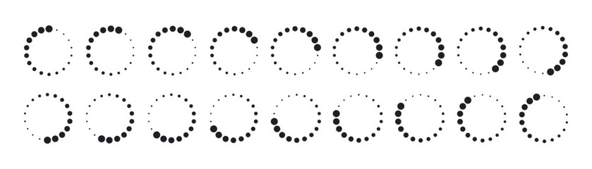 Circle dotted loading icon. Round throbber icon. Progress loader. Dotted progress time design element. Web download time symbol. Animation frames. Vector illustration isolated on the white background.