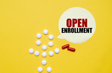 OPEN ENROLLMENT words on sticker with pills man on yellow background