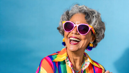 Studio portrait of an elderly woman wearing sunglasses,  laughing, isolated on a blue background