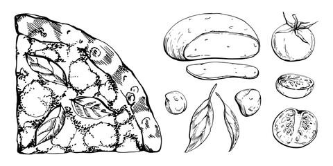 Hand drawn vector ink illustration. Margherita pizza slice, mozzarella tomato basil, Italian cuisine. Set of objects isolated on white. Design restaurant menu cafe, food shop or package, flyer print.