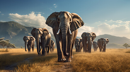 large elephant group walking with mountain in background - obrazy, fototapety, plakaty