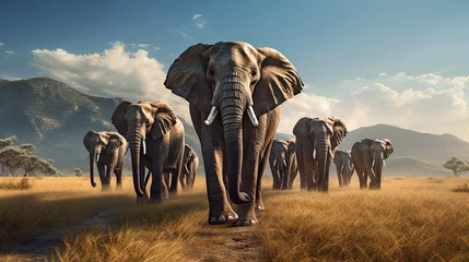 Gordijnen large elephant group walking with mountain in background © Rangga Bimantara