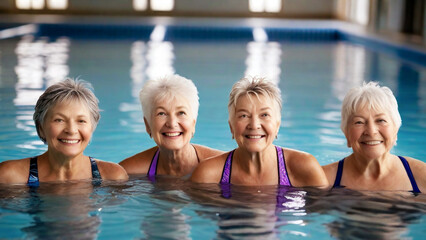 Fototapeta premium Active senior women enjoying aqua fit class in a pool, displaying joy and camaraderie, embodying a healthy, retired lifestyle