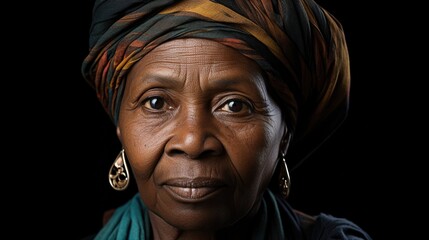 Elderly black woman looking at camera with sad look on black background