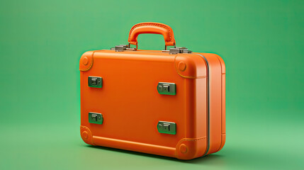 orange retro luggage on a green background. travel orange suitcase