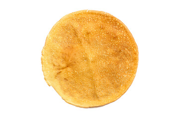 Classic pancake isolated on white background. One pancake top view. Round flat pancake.