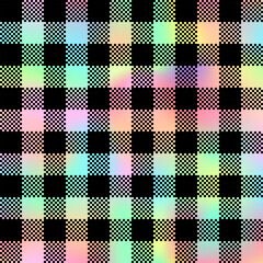 Fototapeta premium Holographic and black plaid seamless patten. Vector checkered rainbow gradient plaid textured print. Shiny Iridescent plaid texture for fashion, print, design, wallpapers, background.