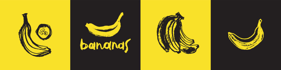 Bananas icon set for logo creating, organic food label, and banner design. Monochrome banana vector drawings. Tropical fruit signs. - obrazy, fototapety, plakaty