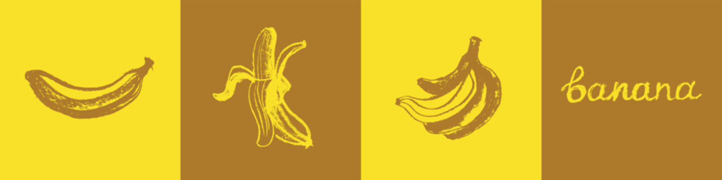 Bananas icon set for logo creating, organic food label, and banner design. Monochrome banana vector drawings. Tropical fruit signs.