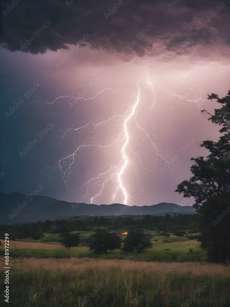 Poster a lightning strike in the middle of a field with trees in the background