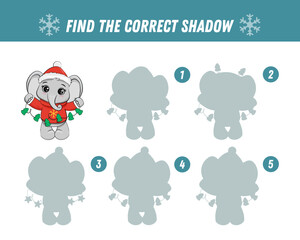 Find correct shadow of cute elephant. Educational logical game for kids. Christmas game. Cartoon elephant cub. Vector illustration