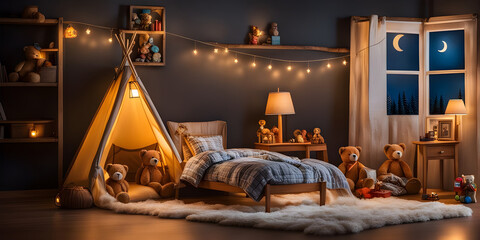 Children's bedroom at night with toys, bear and a tent.