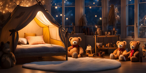 Children's bedroom at night with toys, bear and a tent.