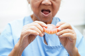 Doctor holding teeth denture in hand for dentist studying about dentistry.