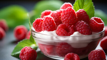 Fresh raw red raspberries with natural creamy yogurt.Macro.AI Generative