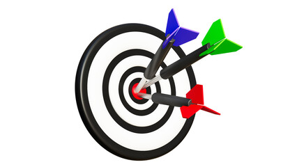 3D rendering of 3 darts on target, Success goals concept