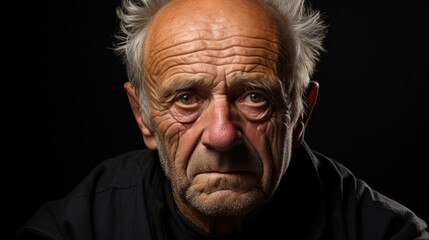 Fototapeta premium Elderly caucasian man looking at camera with sad look on black background
