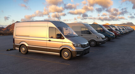 row of generic cargo vans in the parking lot - obrazy, fototapety, plakaty