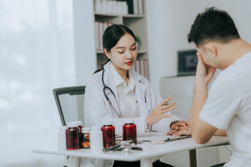 Fototapeta premium An Asian female doctor gives a pep talk to a male patient inside the hospital.