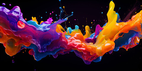 Dynamic and vibrant splash of colorful liquid paint captured in motion against a dark background,...
