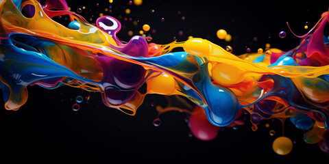 Dynamic and vibrant splash of colorful liquid paint captured in motion against a dark background, embodying creativity and artistic expression.