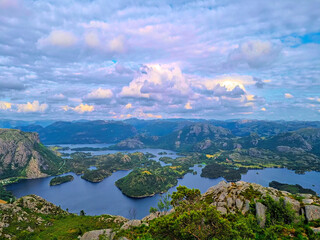 Panoramic landscape of fjords and mountains from Lifjel, Sandnes, Norway.