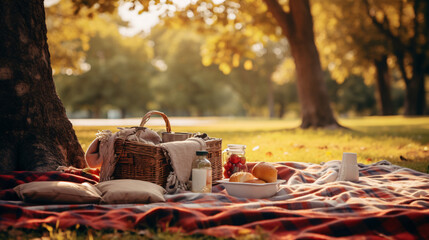 A picnic blanket under a tree with autumn snacks, in the style of dreamy autumn picnics. Generative ai - Powered by Adobe