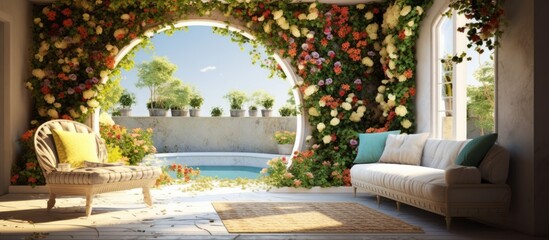 In the background of the houses interior design, vibrant floral patterns adorned the white walls, bringing a touch of summer and nature indoors leafy greens and colorful flowers filled the garden