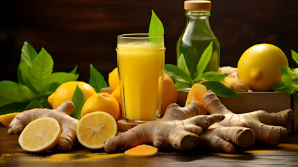 Ginger lemon turmeric immune system shot juice with ingredients on yellow background.Macro.AI Generative - Powered by Adobe