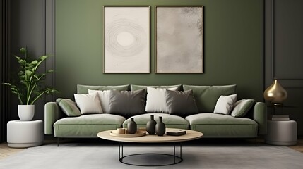 Stylish Living Room Interior with an Abstract Frame Poster, Modern interior design, 3D render. Generartive AI
