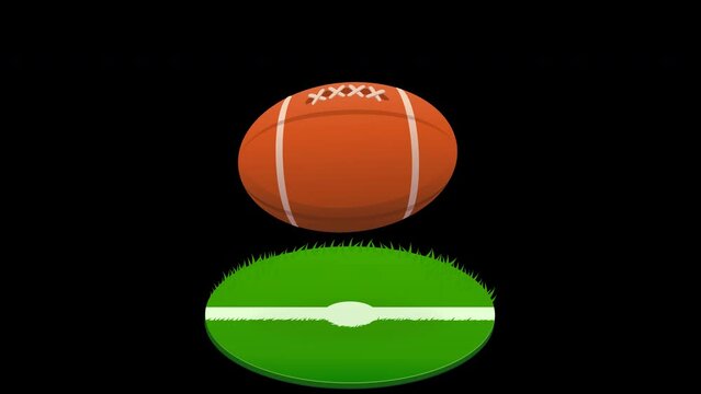 Animation of an oval old leather rugby or American football ball bouncing in a loop on a circular piece of turf with a sports field marking line on a green background and with alpha channel