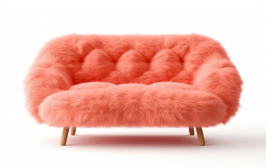 Coral fluffy sofa isolated on white. Modern coral furry sofa on wooden legs on white background

